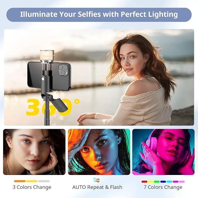 Sensyne Selfie Stick with Light, Phone Tripod with 360° Rotatable Handle - Image 3