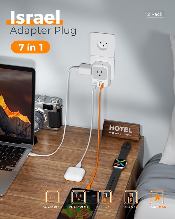 TESSAN Israel Adapter Plug 2 Pack, 7 in 1 US to Israel Power Adapter - Image 3