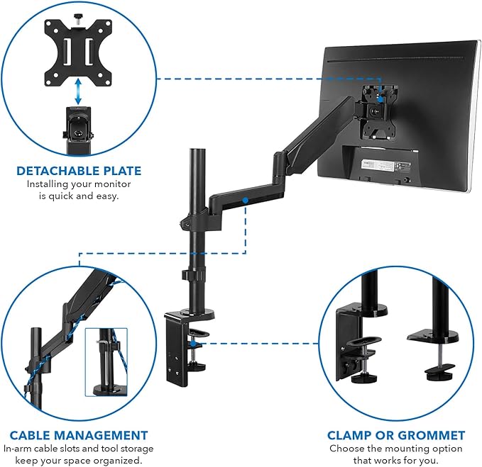 Mount-It! Single Monitor Arm Mount | Desk Stand | Full Motion Height Adjustable - Image 4