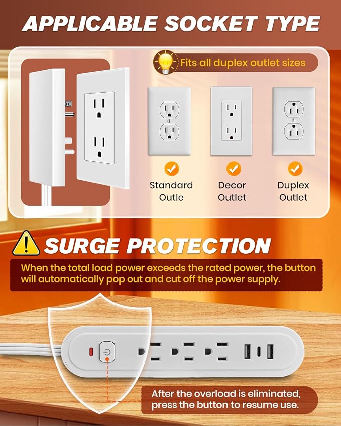 Saker Outlet Concealer Power Strip, 8FT Surge Protector Flat Extension Cord - Image 5