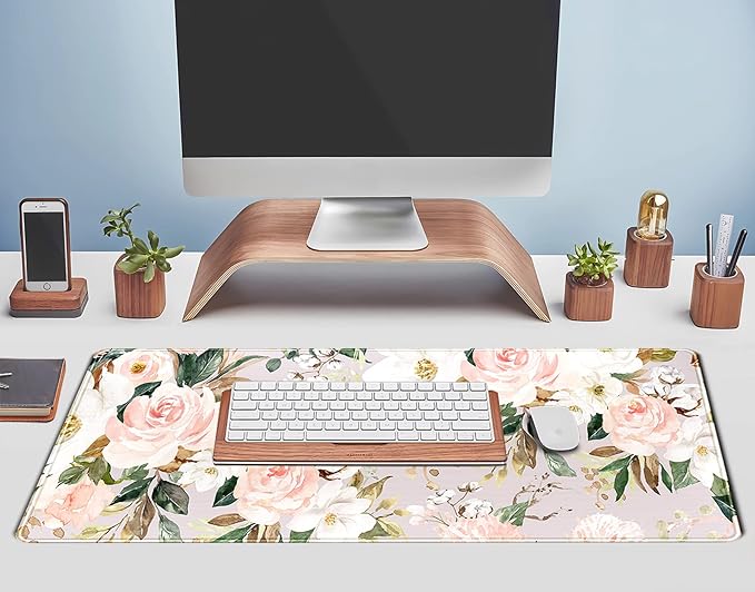 Pink Flowers Keyboard Pad PC Gaming Desk Mat Desk Mouse Pads Green Leaves - Image 5