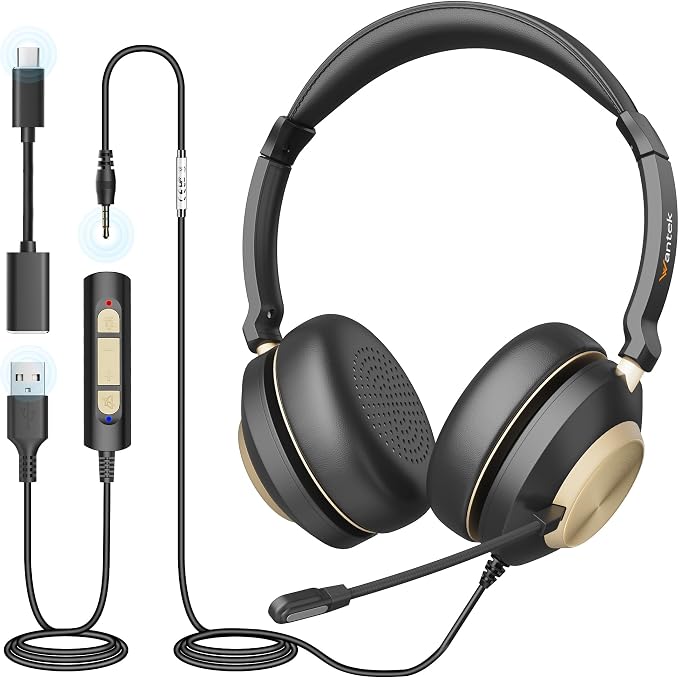 Wantek USB Headset with Microphone, Type-c/USB/3.5mm Jack 3-in-1 PC Headset by Wantek
