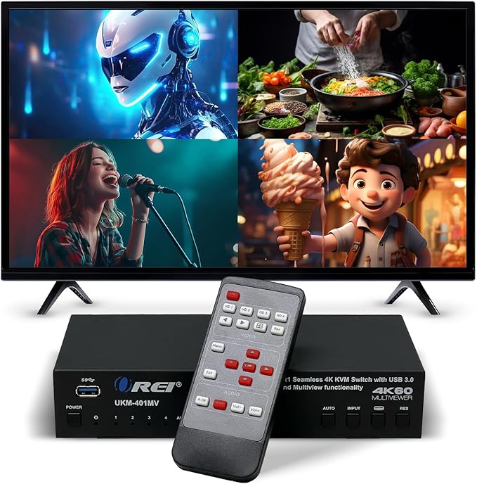OREI 4x1 KVM HDMI Seamless Switch Multiviewer, Share Multiple Devices, Gaming by OREI