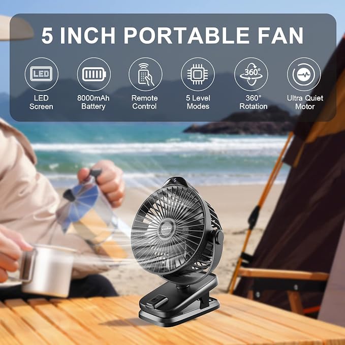 Small Clip on Fan with Remote Control | 8000mAh Battery | 5 Speeds | 5" - Image 2