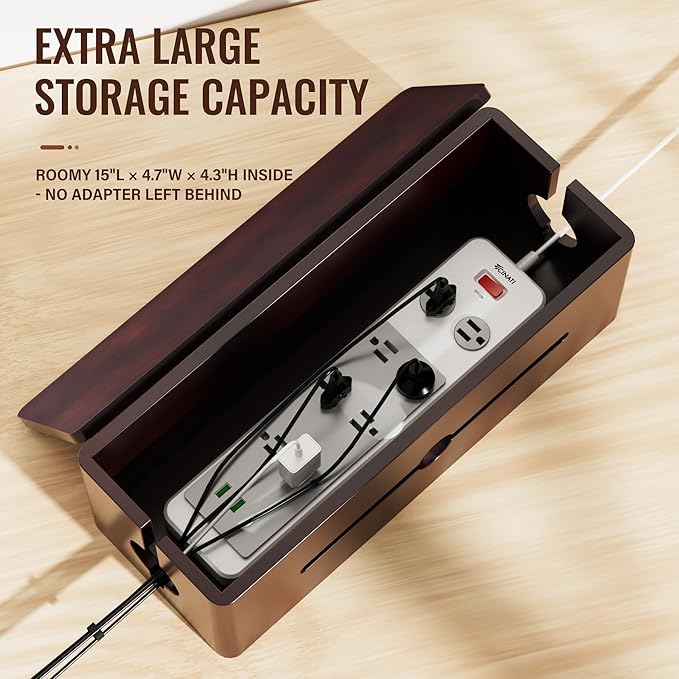 Cinati Large Cable Management Box, 15.8" Wooden Cable Organizer - Image 4