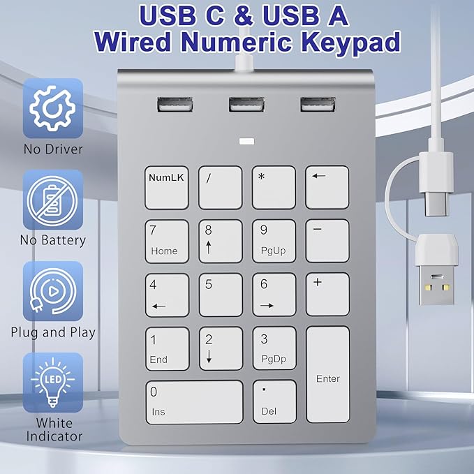 USB C Wired Number Pad, USB Numeric Keypad - Image 2
