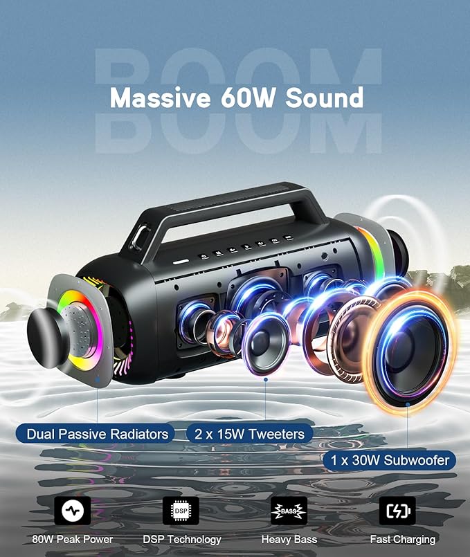 Ortizan Portable Bluetooth Speaker Loud, 80W Peak, Bass Up, 20H Playtime - Image 2