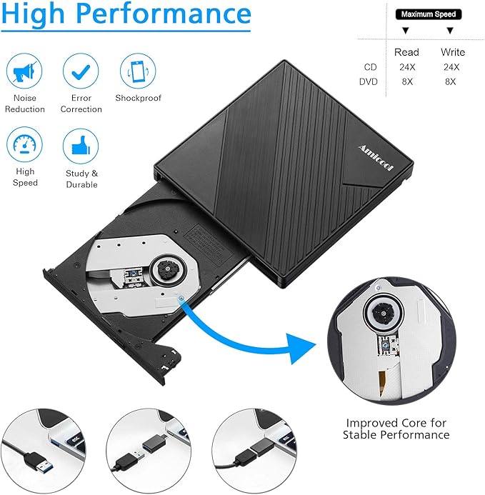 Amicool External DVD Drive USB 3.0 USB C CD Burner CD/DVD +/-RW Optical Drive - Image 4