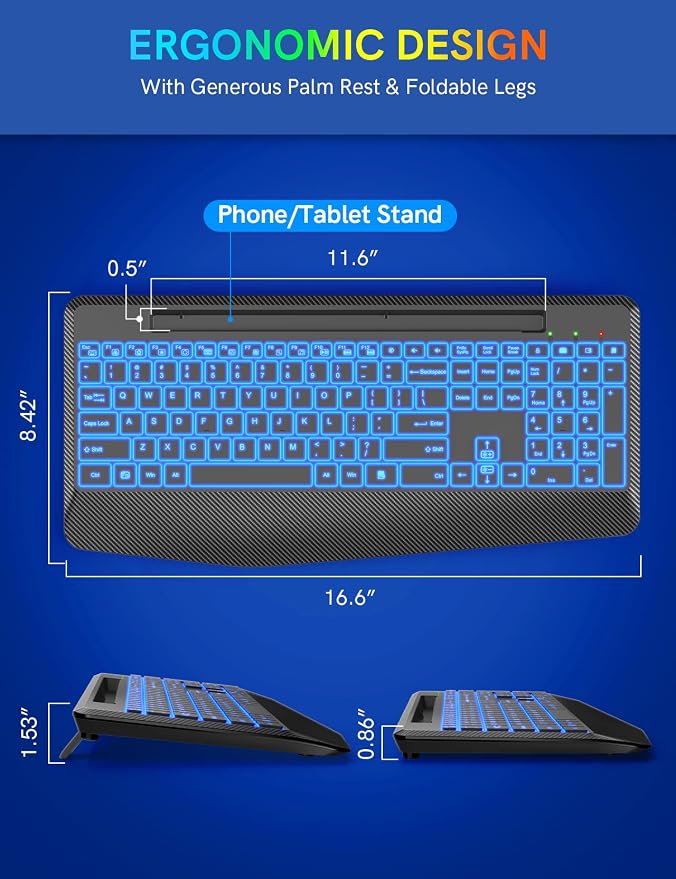Wireless Keyboard with 7 Colored Backlits, Wrist Rest, Phone Holder, - Image 7