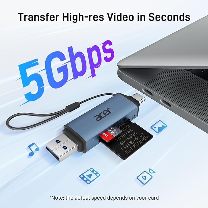 Acer SD Card Reader USB C, Dual Slots USB 3.0 Type C to Micro SD Card Adapter - Image 2