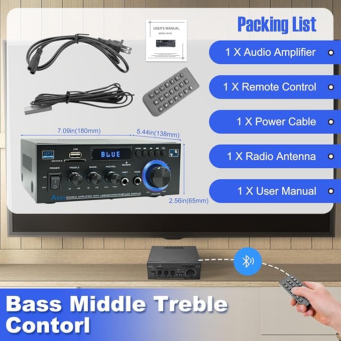 AK45 Stereo Home Audio Amplifier, 5.0 Mini Bluetooth Receiver, 300W *2 Blutooth - Image 4