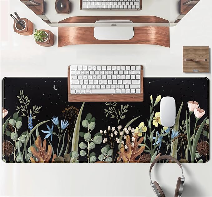 Cute Gaming Black Wild Flowers Desk Mat Mouse Pad Star Moon Floral Mousepad - Image 4