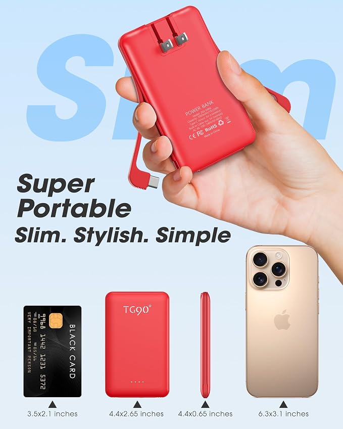 TG90° 5000mAh Ultra Slim Power Bank Built in Foldable AC Plug and Cables - Image 4