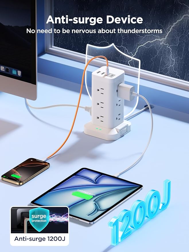 Surge Protector Power Strip, 6FT Flat Plug Extension Cord - Image 4