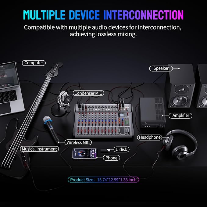 Professional DJ Audio Mixer, 12 Channel Audio Mixer, USB Interface, 12 XLR - Image 6