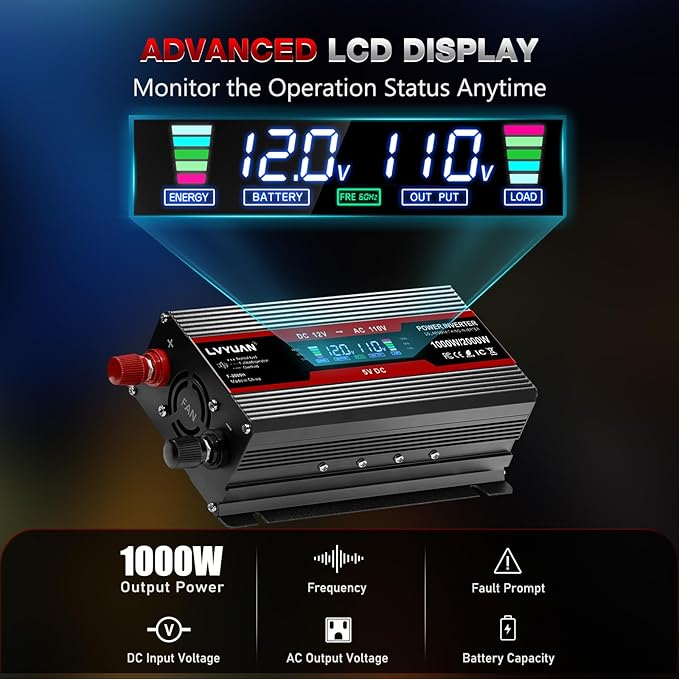 LVYUAN 1000W Car Power Inverter 12V to 110V DC to AC - Image 2