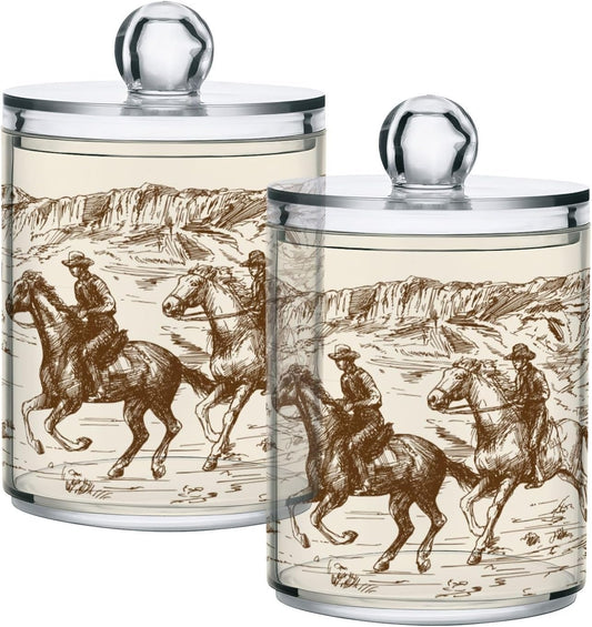 2 Pack Qtip Holder Organizer Dispenser Western Desert Cowboy Bathroom Storage Canister Cotton Ball Holder Container for Cotton Swabs/Pads/Floss