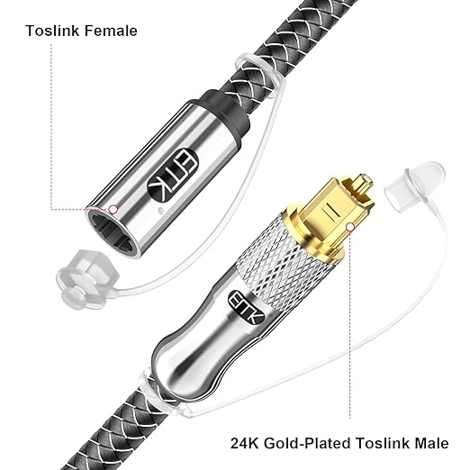 EMK Optical Cable Extension, 24K Gold-Plated Optical Audio Cable Toslink Female - Image 2