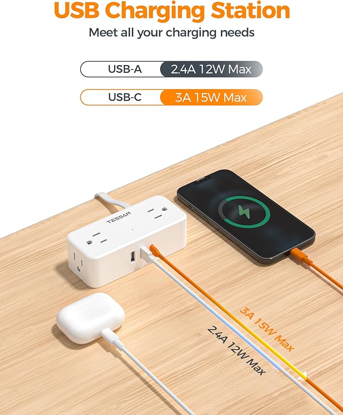 TESSAN 5 FT White Extension Cord, 900J Surge Protector Small Power Strip - Image 4