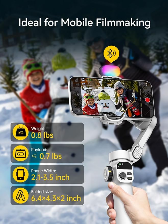 Gimbal Stabilizer for iPhone w/RGB Magnetic Fill Light, Foldable Gimbal w/7.8' - Image 10