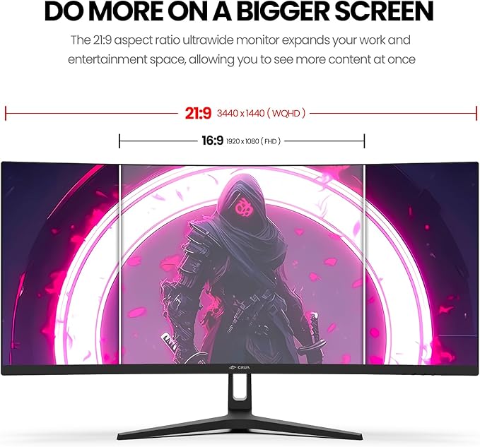 CRUA 34 Inch Curved Gaming Monitor, 21:9 WQHD 3440x1440 165Hz/144Hz 1500R - Image 3