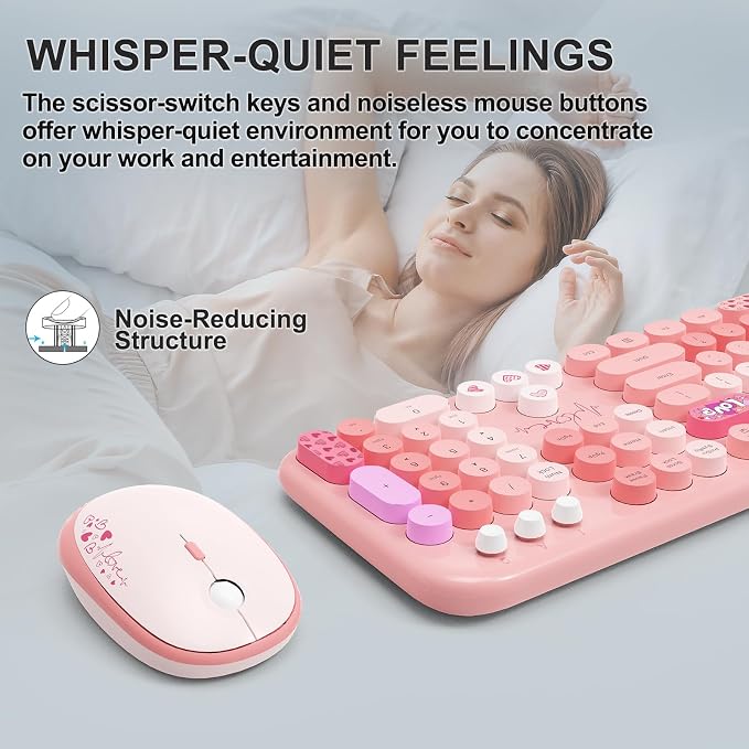 Wireless Keyboard and Mouse Combo, 104 Round Keys Full-Size Cute Colorful Pink - Image 7