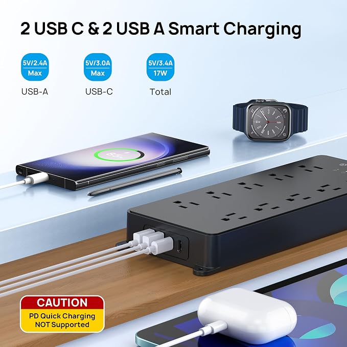 TROND Power Strip Surge Protector, Flat Plug 15ft Long Extension Cord, 10 - Image 3