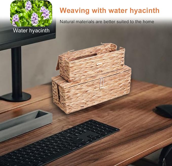 Cable Management Box, Handwoven Water Hyacinth Cable Organizer Box Set - Image 6