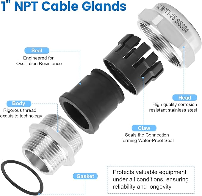 1" NPT Stainless Steel Waterproof Cable Gland, IP68 Waterproof Adjustable Cable - Image 3