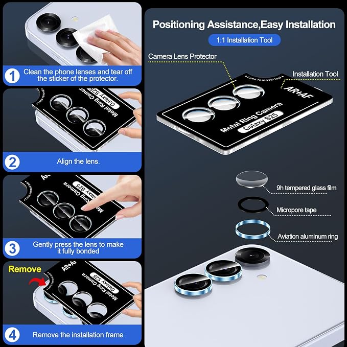 for Samsung Galaxy S25 Camera Lens Protector, Individual Metal Ring Tempered - Image 6