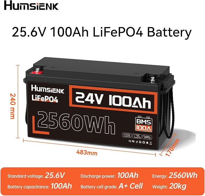 24V 100Ah LiFePO4 Lithium Battery, Built-in 100A BMS - Image 3