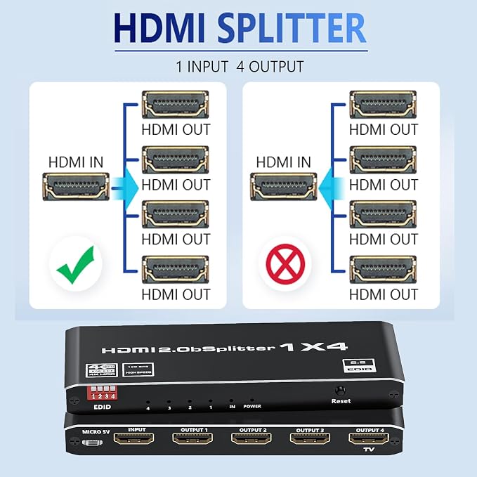 HDMI 2.0 Splitter 1 in 4 Out, LUKFOCAB 1x4 HDMI Splitter 4K@60Hz 8:8:8 HDR - Image 7