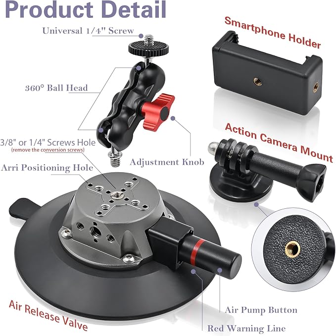 Suction Cup Camera Mount with Ball Head Magic Arm, 5.9"/15cm Air Pump Vacuum - Image 4