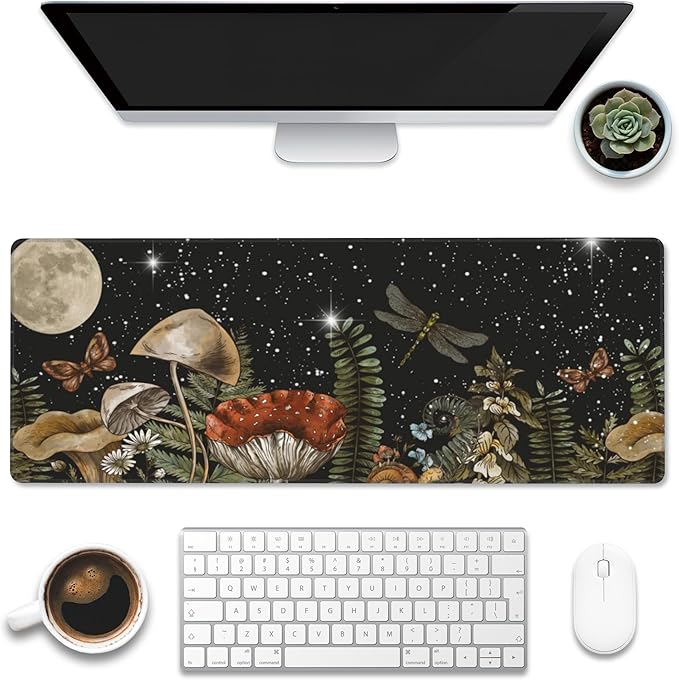 Large Gaming Mouse Pad for Desk, Cute Forest Mushroom Desk Mat, Starry Night by Eflxamz