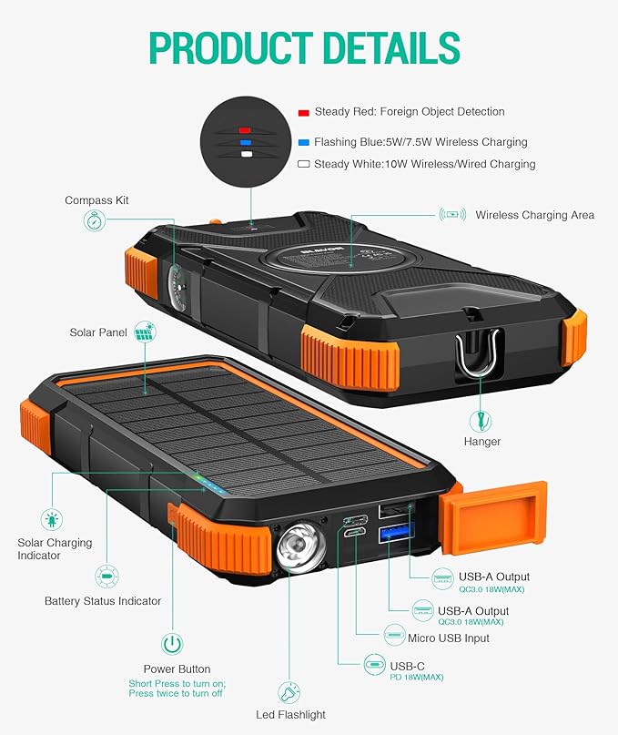 BLAVOR Solar Power Bank, PD18W QC3.0 Fast Charging 10W Wireless Charger - Image 9