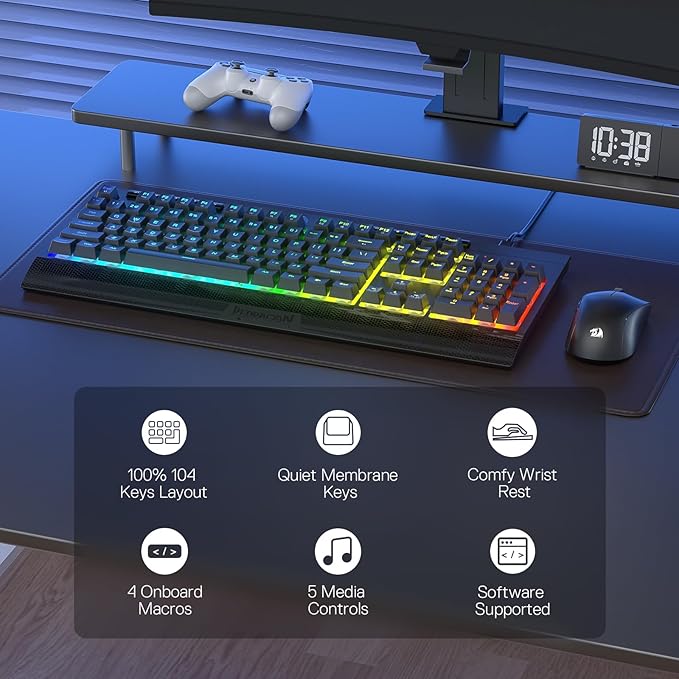Redragon K525 RGB Backlit 104 Keys Wired Membrane Gaming Keyboard w/ 5 - Image 2