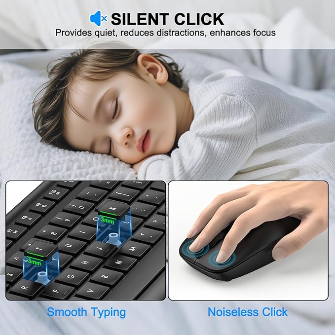 Wireless Keyboard and Mouse Combo, Full-Size Silent Ergonomic Keyboard and - Image 3