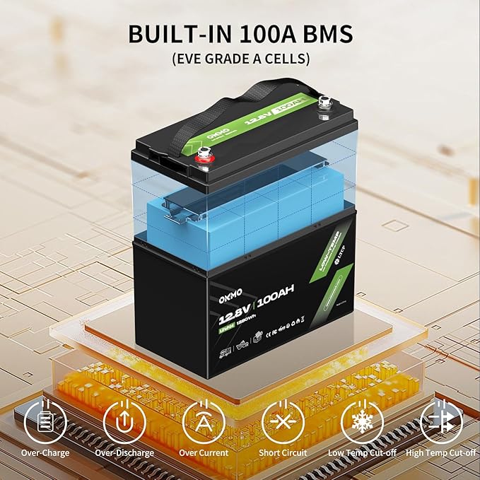 12V 100Ah LiFePO4 Lithium Battery, Built-in 100A BMS - Image 2