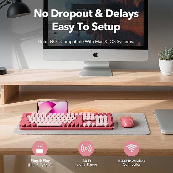 Wireless Keyboard and Mouse Combo, Cute Full-Size Typewriter-Style Keyboard - Image 7