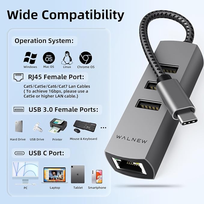 USB-C to Ethernet Adapter, WALNEW USBC to RJ45 LAN Adapter, Gigabit Cat Network - Image 6