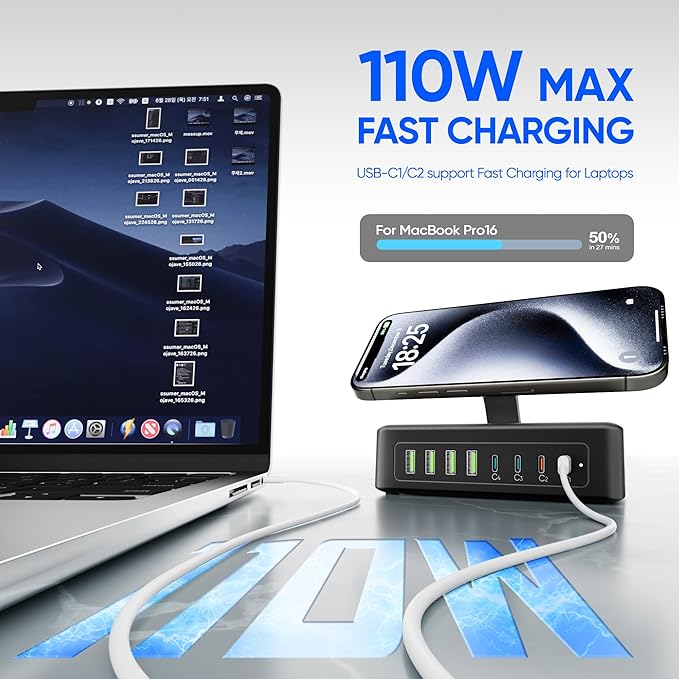 160W USB Charging Station Power Strip, 11-in-1 USB C Charger Block, 2AC Outlets - Image 3