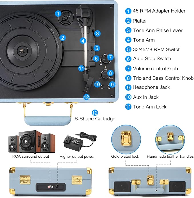 Vinyl Record Player 3-Speed Bass Control Bluetooth Suitcase Portable - Image 5