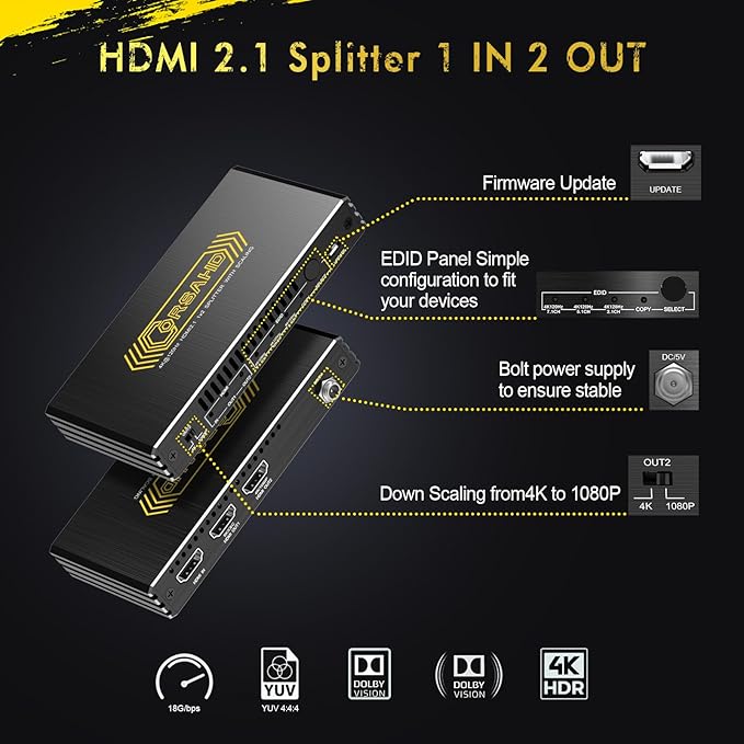 8K@60Hz 4K@120Hz HDMI 2.1 Splitter 1 in 2 Out, 48 Gbps, HDCP 2.3, Supports VRR - Image 6