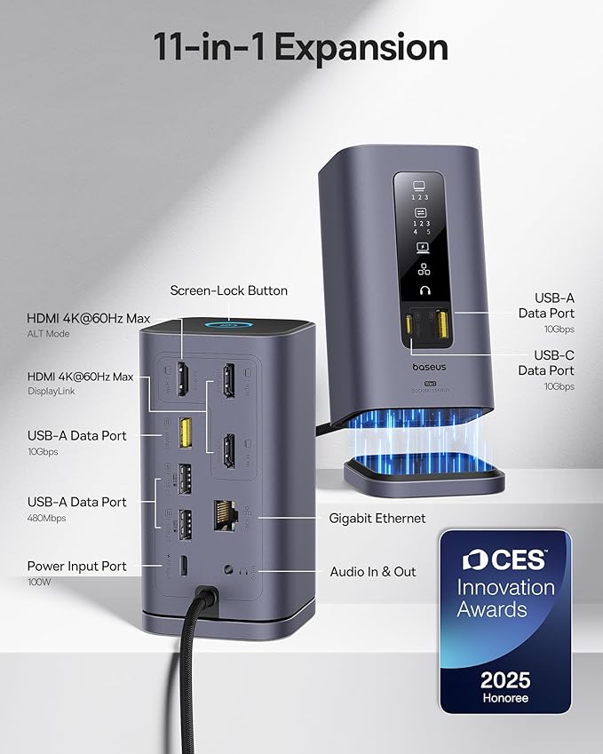 Baseus Spacemate Docking Station, 11-in-1 USB-C DisplayLink Docking Station - Image 3