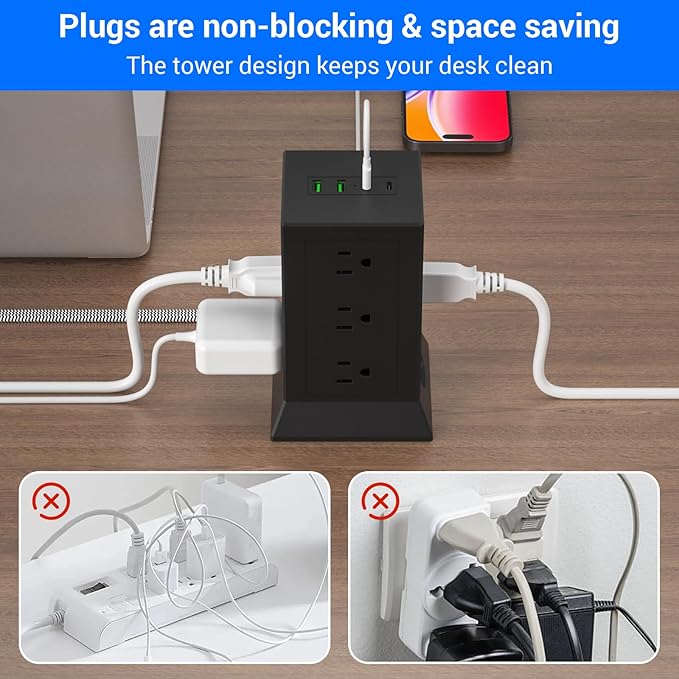 Power Strip Tower with Multiple Outlets 16.5 Ft Extension Cord Flat Plug with - Image 5
