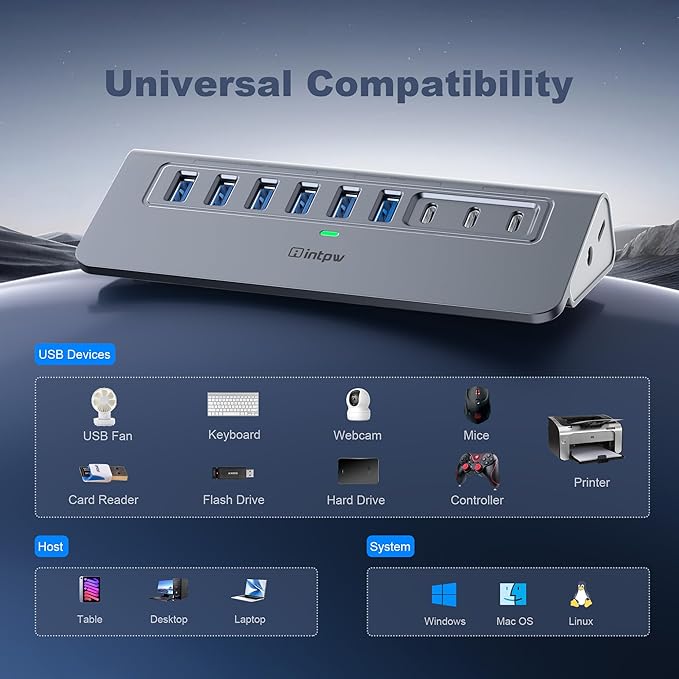 Powered USB Hub 10Gbps, intpw YH6AC 9-Port USB Splitter - Image 6