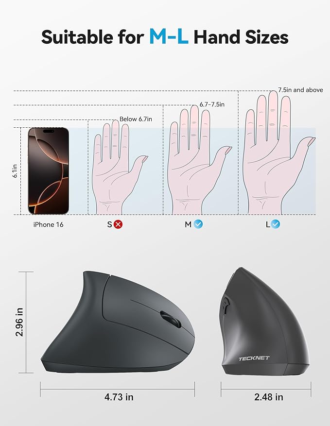 TECKNET Ergonomic Mouse, Rechargeable 2.4G+Bluetooth Vertical Mice 6 DPI - Image 7