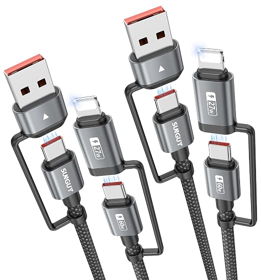 SUNGUY 4 in 1 Charging Cable 3FT, 60W Multi Charging Cable, USB-C/A to by SUNGUY