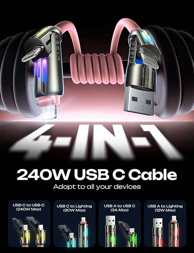 LISEN Pink iPhone Charger Cable, 240W Chubby USB C, 4 in 1 Charging Cable - Image 2