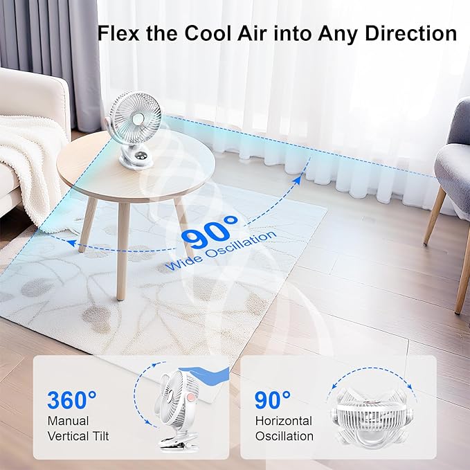 iNeibo 10000mAh Portable Clip on Fan, 90° Oscillating Fan, 8 Inch Rechargeable - Image 2